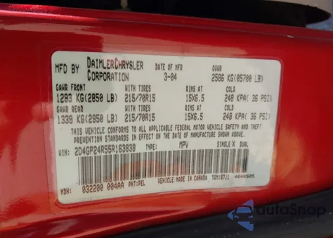 2005 Dodge Grand Caravan Se z USA, uszkodzony, nr VIN 2D4GP24R55R163838